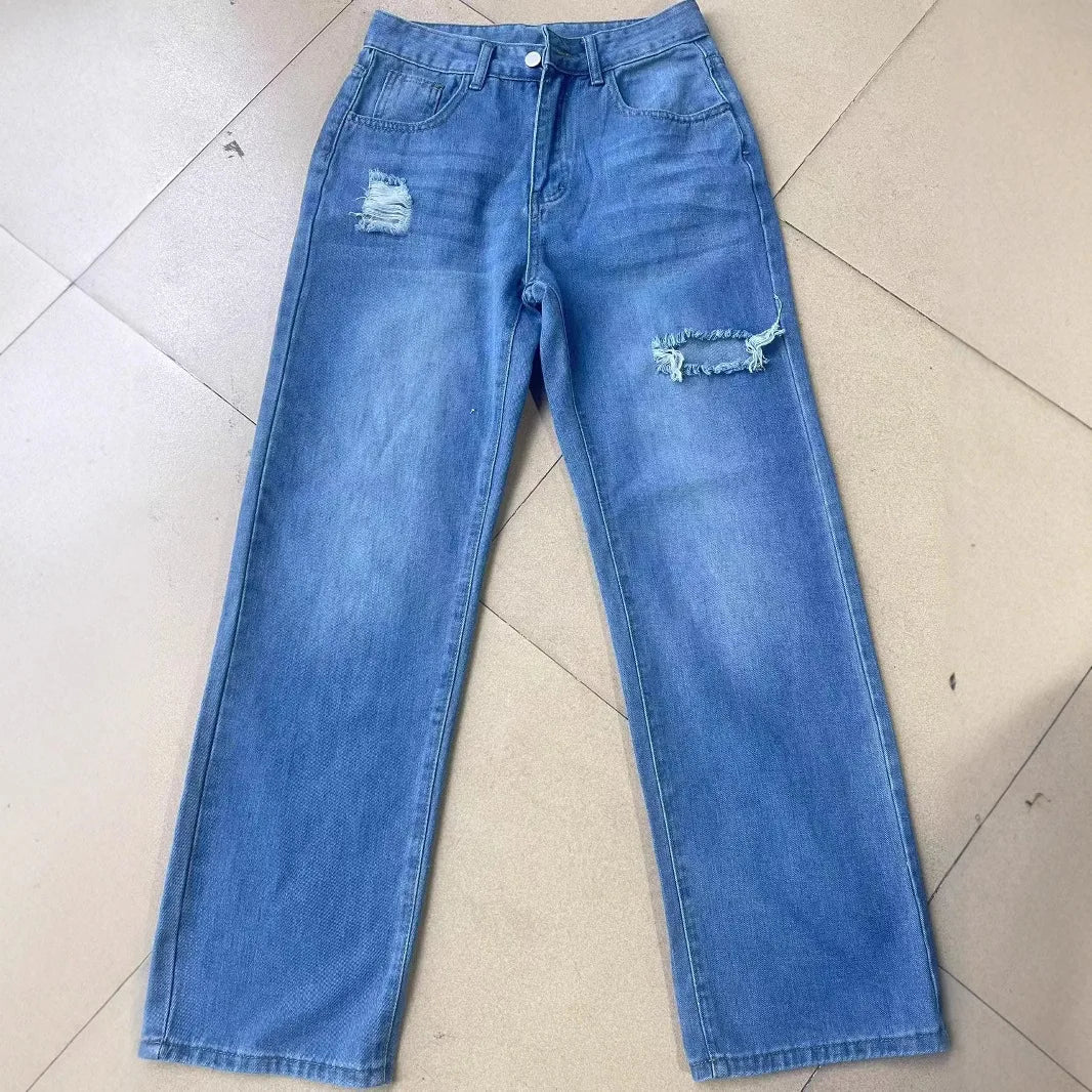 Washed Ripped Jeans, Women Four Seasons New Fashion Personality To Do Old Denim High Waist Straight Comfortable Wide Leg Pants