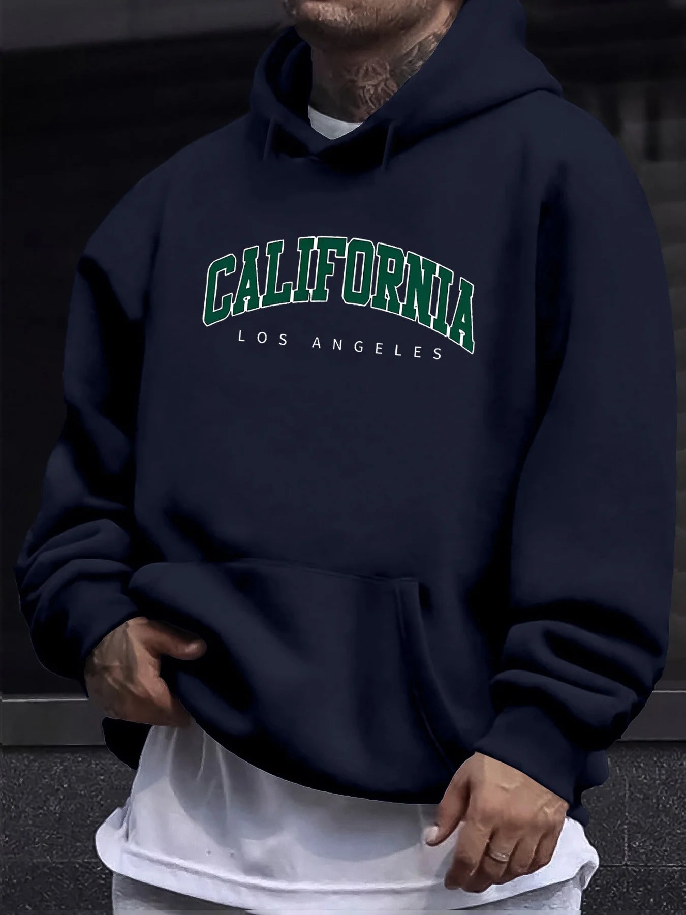 Men's autumn and winter casual fashion loose hooded sweatshirt California Los Angeles letter printed long sleeved warm pullover