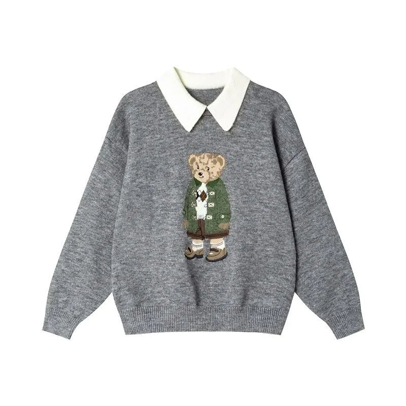 European Style Luxury Loose O-Neck Bear Pullover Women Autumn Winter Fashion Womens Tops Casual Ladies Knitted T-shirt Sweater
