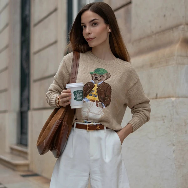 Loose Fit round Ne Knitted Sweater Cotton Bear Cartoon Design Casual Sle Women's Faion Autumn Winter Wool Blend Top