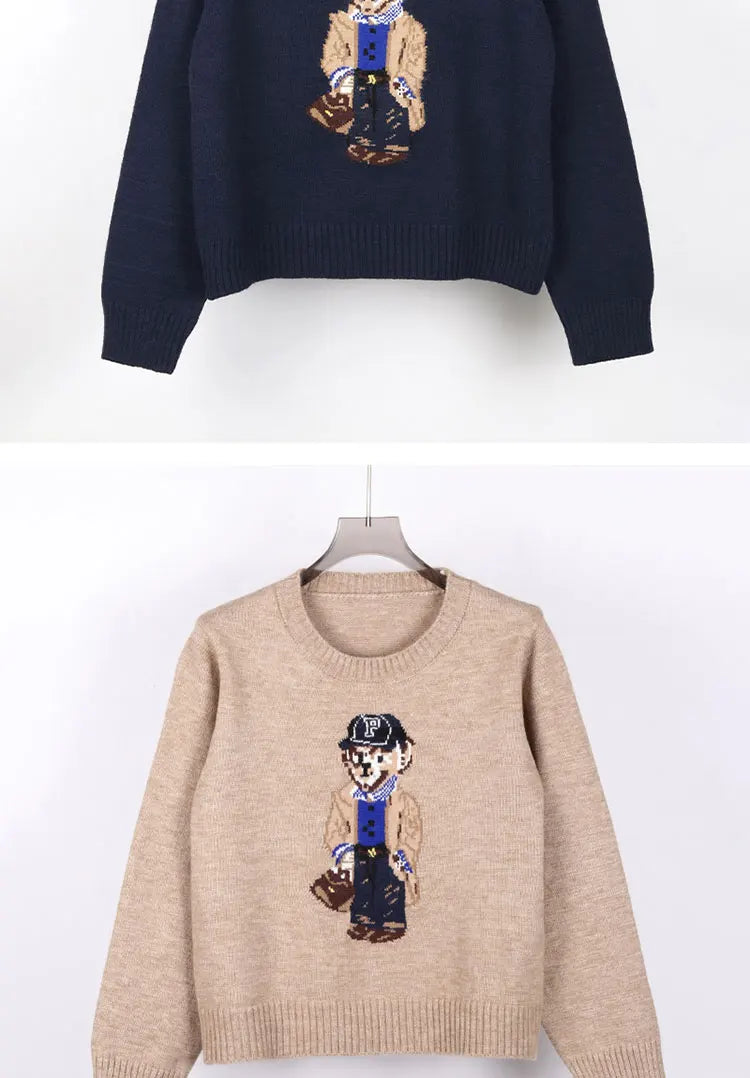 Crochet Bear Knit Sweater Pullover Women Jacquard Knitwear 2024 Autumn Winter RL Tops Coat Luxury Designer Brand Lauren Clothing