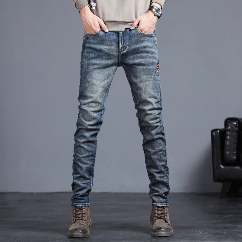 Men's Vintage Jeans Korean Fashion Slim Little Feet Embroidered Trousers Stretch Male Streetwear Denim Pants