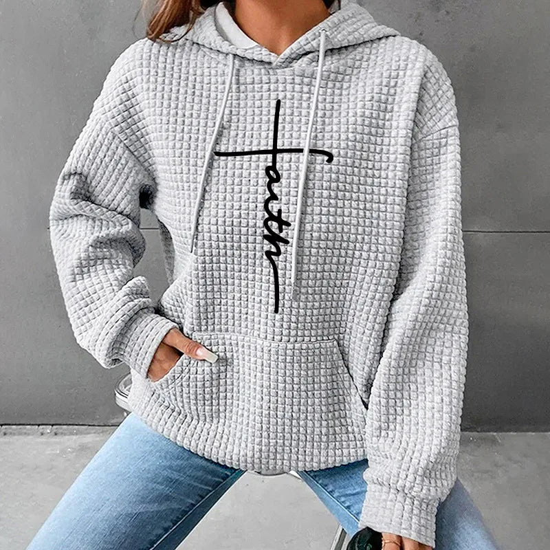 Fashionable Loose English Pattern Printed Hoodie Women's Street Style Polyester Waffle Fabric Long Sleeve Mid-Length Sweatshirt