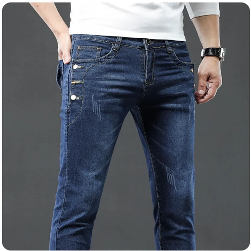 Men's Designer Jeans Snowflake Grey Wash Korean Fashion Stretch Pants Multi-button Denim Trousers