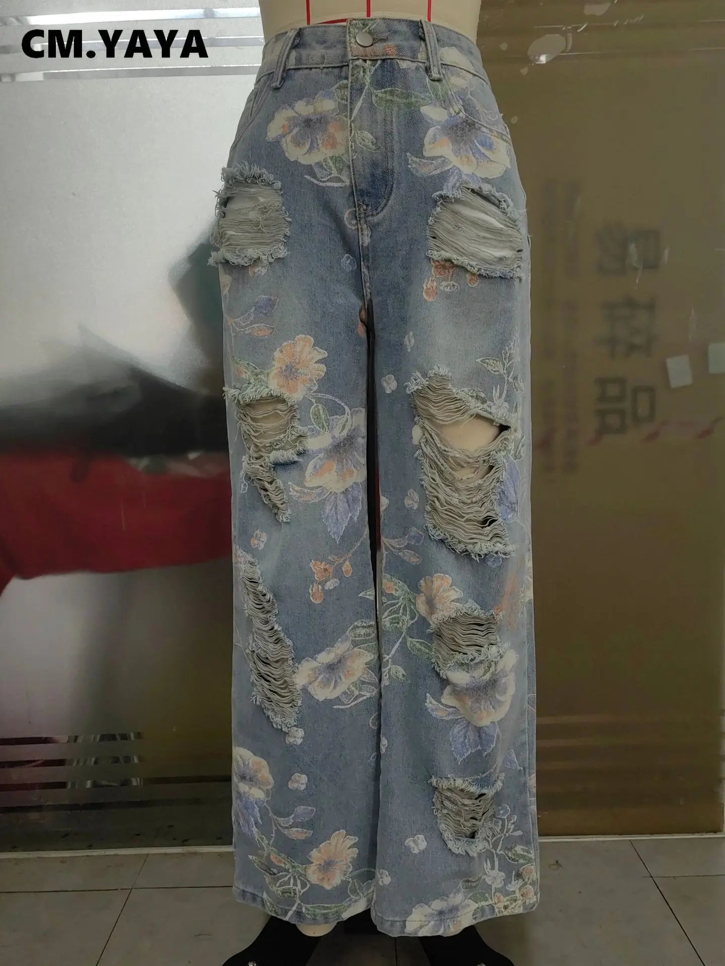 Denim Pants Women Floral Print Sexy Hole Hollow Out Jeans Ripped Out Straight Trousers 2025 Summer Street Lady Pant