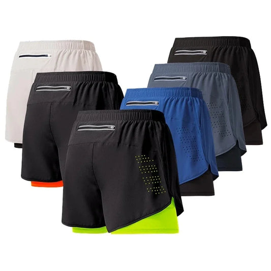 Shorts 2 In 1 Fitness Training Gym Sports Short Pants Quick Dry Built-in Pocket Double-deck Beach Bottom Summer Shorts Men