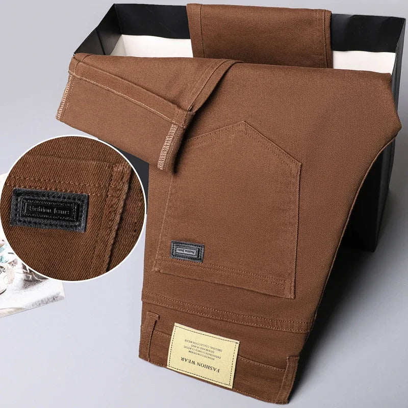 Men's Clothing Slim Jeans Fashion Brown Business Casual Stretch Denim Pants Male Brand Trousers