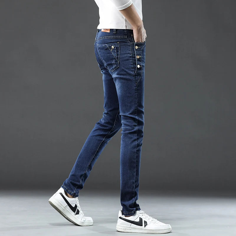 Men's Designer Jeans Snowflake Grey Wash Korean Fashion Stretch Pants Multi-button Denim Trousers