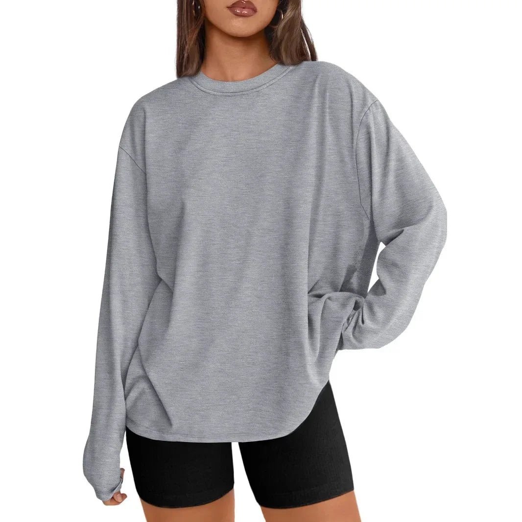 Long Sleeve Crew Neck Solid Color T-Shirt for Women Comfortable Cotton Top Fashionable