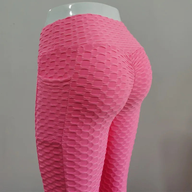 Leggings Women Fashion Pocket Bubble Pants Stretchy Slim Leggings Gym Running Cycling Fitness Pants High Waist Hip Lift Leggings Female