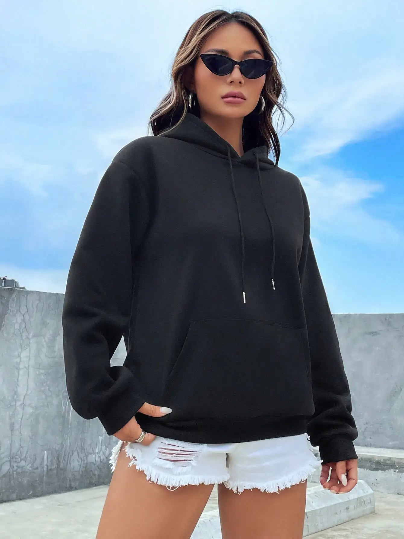 Solid Color Casual Hoodie For Female Pocket Creative Hoody All-Match Street Clothes Womens Fleece Unisex Pullovers