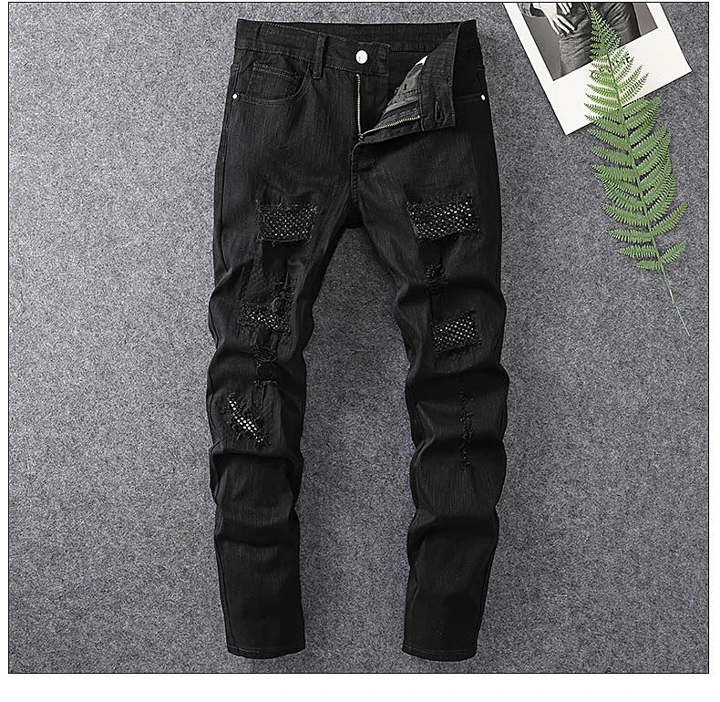 men's white distressed hot drilling jeans slim fit stylish American high street trendy jeans