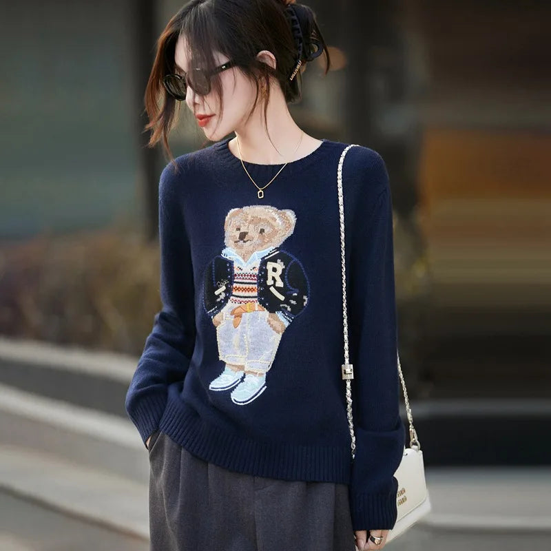 Thickened Woolen Knitted Sweater round Neck Embroidery Cartoon Bear Women's Base Shirt Autumn Winter New Style Premium Spun Wool