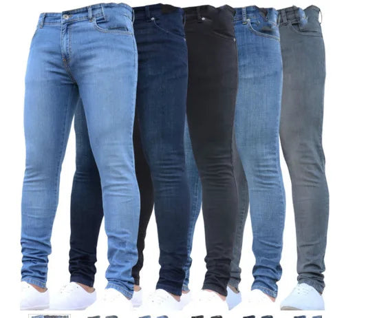 Men Jeans Pencil Pants Solid Color Mid Waist Slim Fit Pockets Slight Strech Spring 2024 Ankle Length Denim Casual Zipper