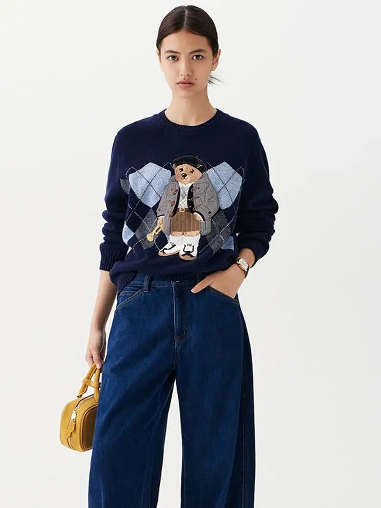 High Street Luxury French Ladies Embroidery Bear Knitted Pullover Sweater For Women Fashion Casual Knitwear Tops Pull Femme
