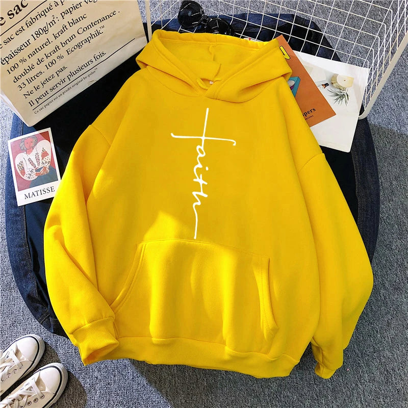 Women'S Fall Winter Hooded Streetwear Faith Print Back Hoodies Casual Drawstring Long Sleeve Kangaroo Pocket Sweatshirt Clothing
