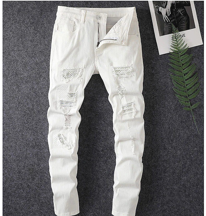 men's white distressed hot drilling jeans slim fit stylish American high street trendy jeans