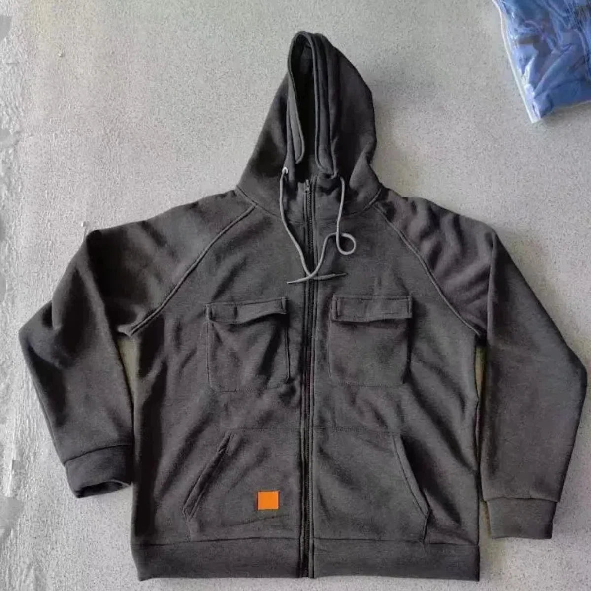JUMPER Solid-Color Zipper Pullover Hooded Sweater Casual Loose Street-Style Multi-Pocket Hooded Sports Coat