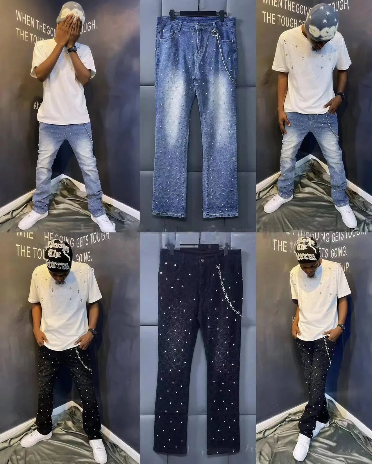 Men and women Harajuku Gothic retro rhinestone retro blue loose jeans pants high waisted wide leg pants