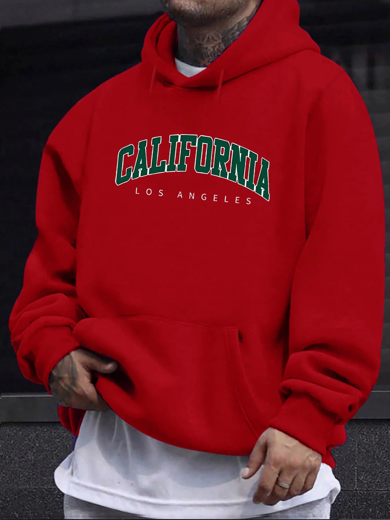 Men's autumn and winter casual fashion loose hooded sweatshirt California Los Angeles letter printed long sleeved warm pullover