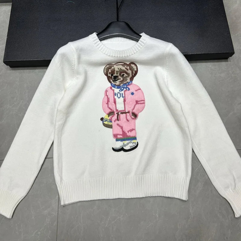 High Quality Light Luxury French Bear Embroidered Knitted Cardigan For Women New Fashion Casual Loose Sweater Coats Pulls Femmes