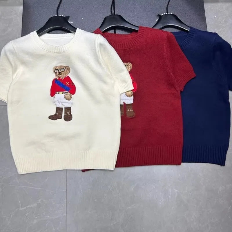 European Style Luxury Brand Loose O-Neck Bear Pullover Tops Knitwear Woman Short Sleeve T-shirt Ladies Wool Knitted Sweater