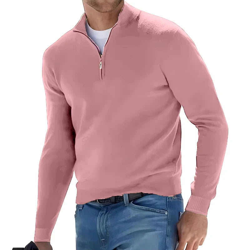 Men's Sweatwear Warm Pullover Solid Color Half Zipper Casual Sweater Slim V-neck Long Sleeve
