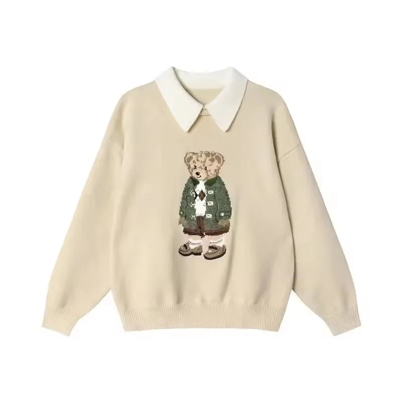 High Street Luxury French Ladies Embroidery Bear Knitted Pullover Sweater For Women Fashion Casual Knitwear Tops Pull Femme