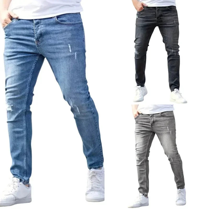 Men's Stretch Slim Fit Jeans Zipper Casual Streetwear Pants Classic Black Blue Skinny Trousers Designer Denim Clothes