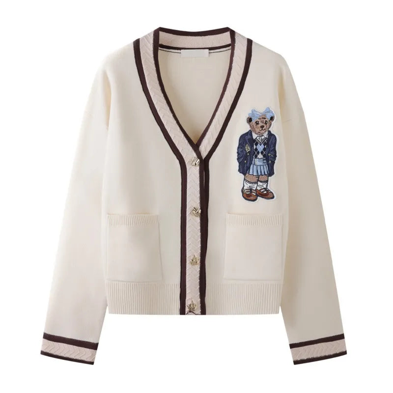 High Quality Light Luxury French Bear Embroidered Knitted Cardigan For Women New Fashion Casual Loose Sweater Coats Pulls Femmes