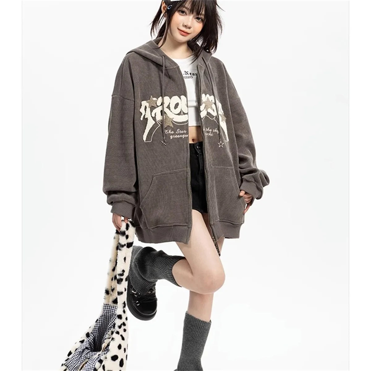 Hoodies Women Fashion Embroidery Zip Up Autumn Long Sleeve Tops Loose Hood Shirt Harajuku Y2K Clothes Female Sweatshirt Jacket