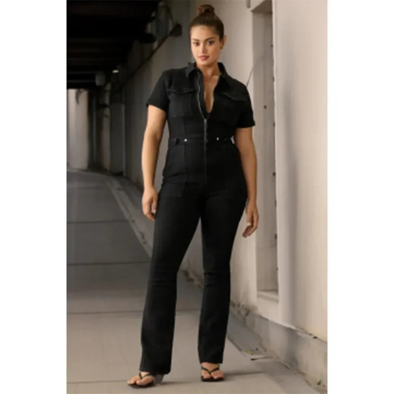 Fashion Jeans Plus Size Denim Jump Suits for Women Slim Short Sleeve Turn Down Collar Overalls Rompers Female One-piece Pants