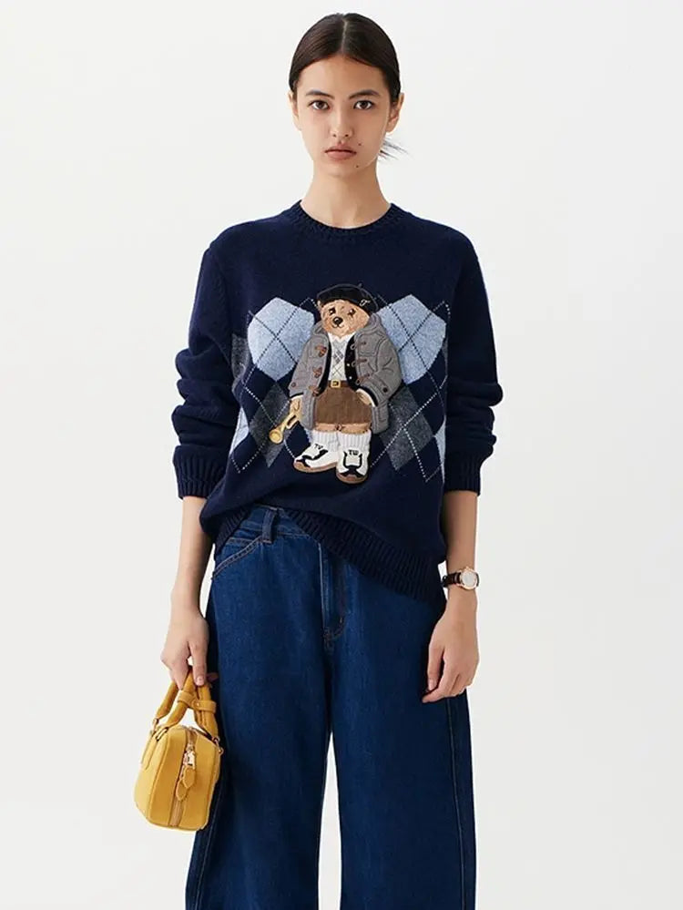 High Street Luxury French Ladies Embroidery Bear Knitted Pullover Sweater For Women Fashion Casual Knitwear Tops Pull Femme