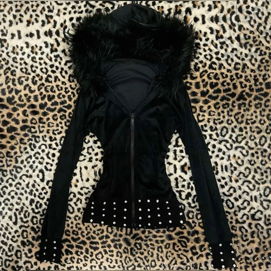 Hoodies Women's 2025 Gothic Aesthetic Autumn Winter Fur Collar Hoodie Casual Slim Chic Design Cardigan Sweatshirt 2000s Harajuku Clothes