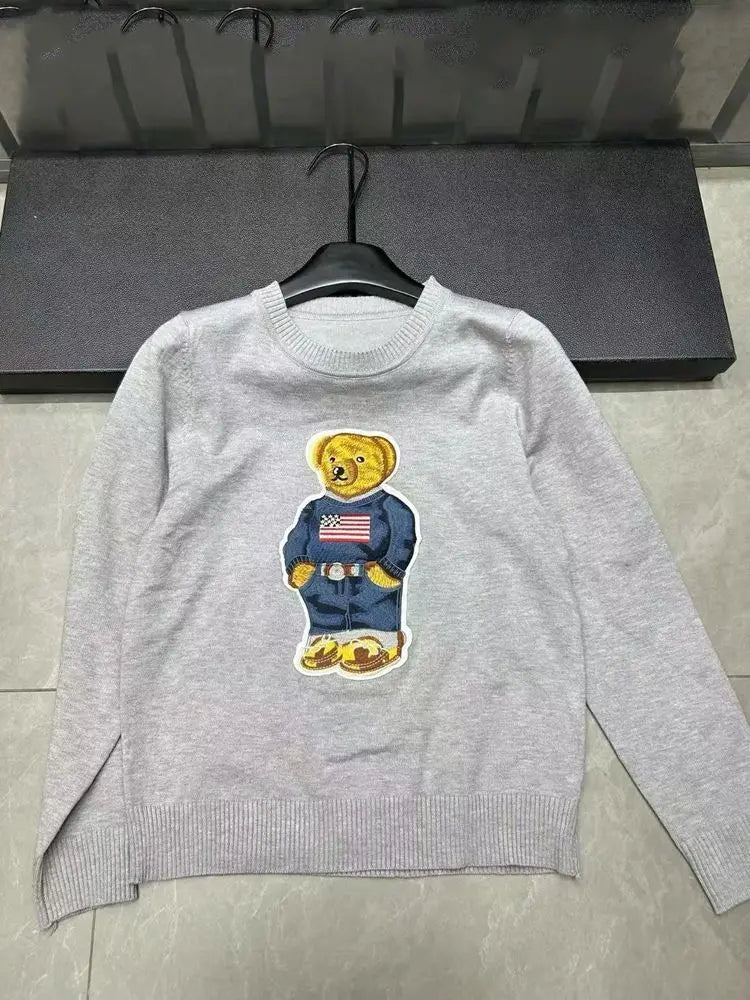 European Style Luxury Loose O-Neck Bear Pullover Women Autumn Winter Fashion Womens Tops Casual Ladies Knitted T-shirt Sweater
