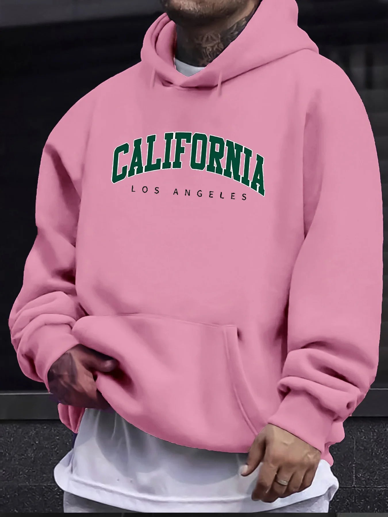Men's autumn and winter casual fashion loose hooded sweatshirt California Los Angeles letter printed long sleeved warm pullover