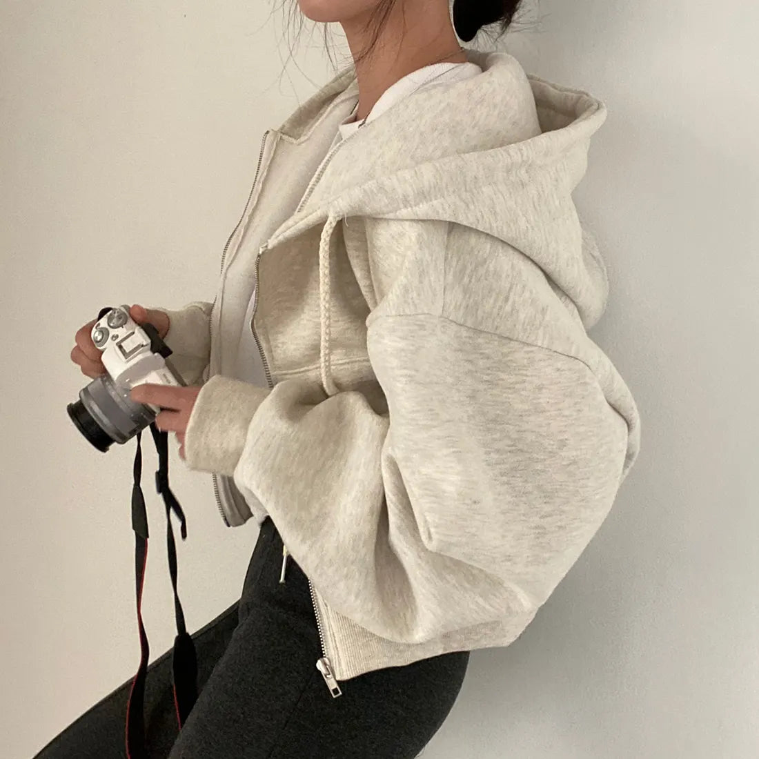 Hoodies Women ,Casual Hood Sweatshirt Women Y2K Zip Up Hoodies Solid Harajuku Long Sleeve Shirt Oversized Crop Tops Female Loose Jackets Coat