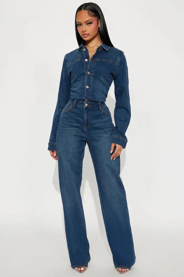 Newly Jeans Stretch Jumpsuit Sexy Women Turn Down Collar Elegant Denim Straight Romper Overalls