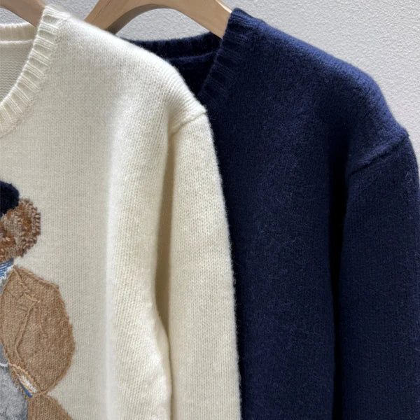 Autumn Winter Women's Knitted Long Sve Sweater Casual Sle Bear Embroidery Cartoon Loose Fit Camere round Ne Top