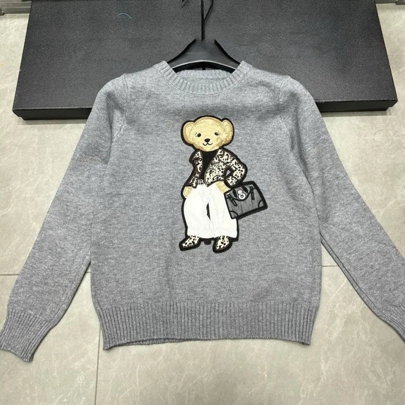 High Quality Light Luxury French Bear Embroidered Knitted Cardigan For Women New Fashion Casual Loose Sweater Coats Pulls Femmes