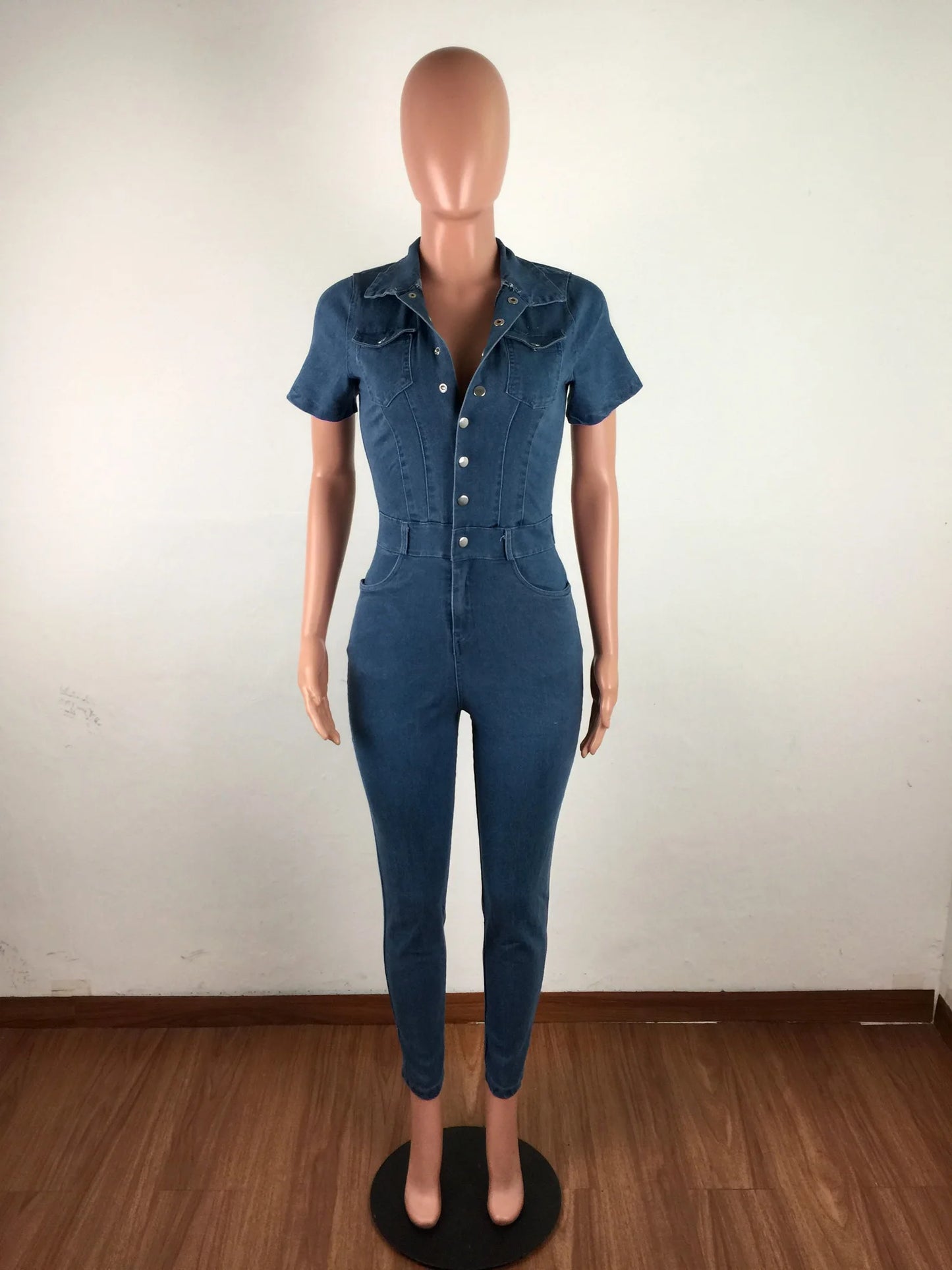 JRRY Sexy Women Denim Jumpsuits Short Sleeve Turn Down Collars Buttons Pockets Denim Bodysuit