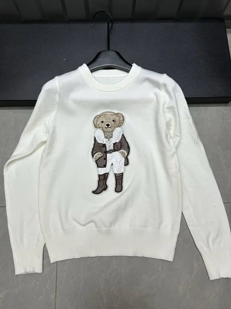 High Quality Fall Winter New Fashion Lazy Cartoon Bear Embroidery Loose Knitted Sweater Tops Women Casual Pullover Sweater Pull