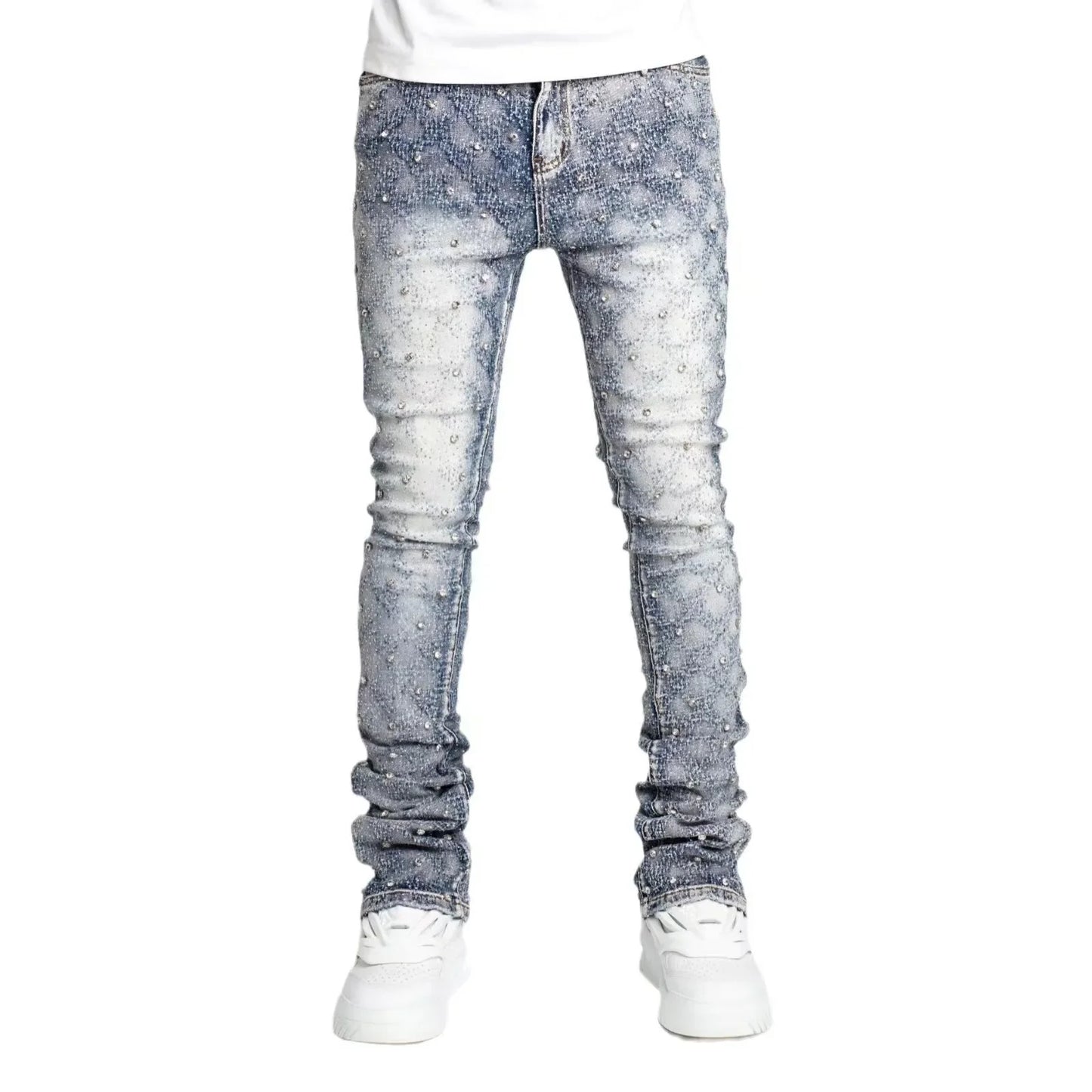 Men and women Harajuku Gothic retro rhinestone retro blue loose jeans pants high waisted wide leg pants