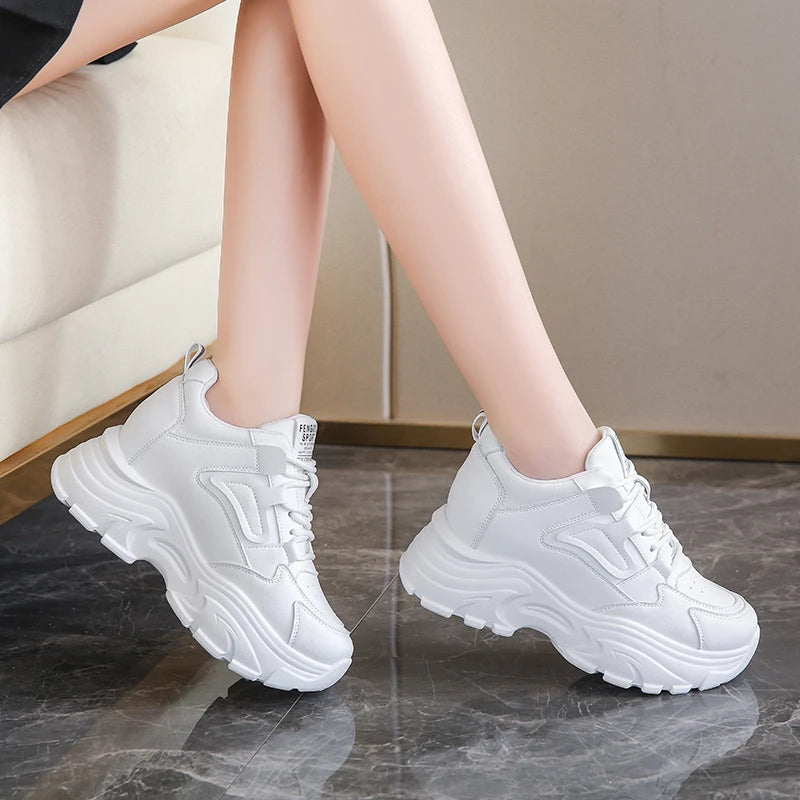 Women Sneakers Lace-Up Thick Bottom Vulcanize Shoes Woman Pu Leather Breathable Sports Shoes Ladies