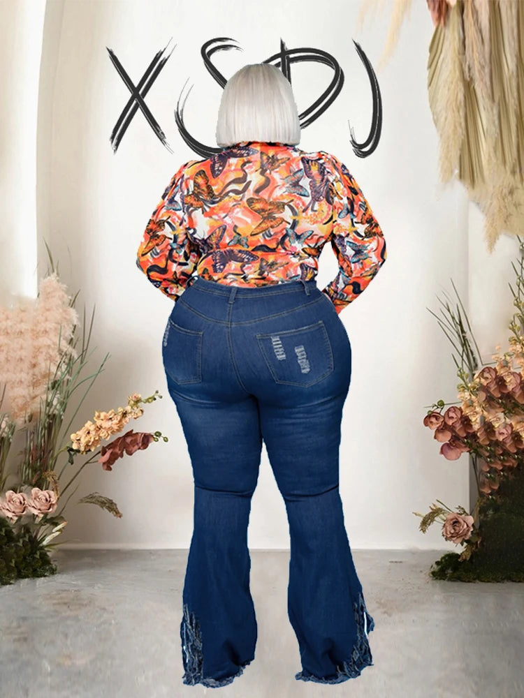 Pus Size  Ladies Jeans High Waist Woman Tassel Vintage Jeans Ripped Plus Size Fashion Elegant Flared Jeans Wholesale Dropshipping