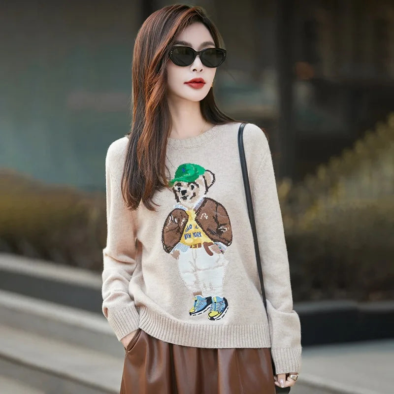 Thickened Woolen Knitted Sweater round Neck Embroidery Cartoon Bear Women's Base Shirt Autumn Winter New Style Premium Spun Wool