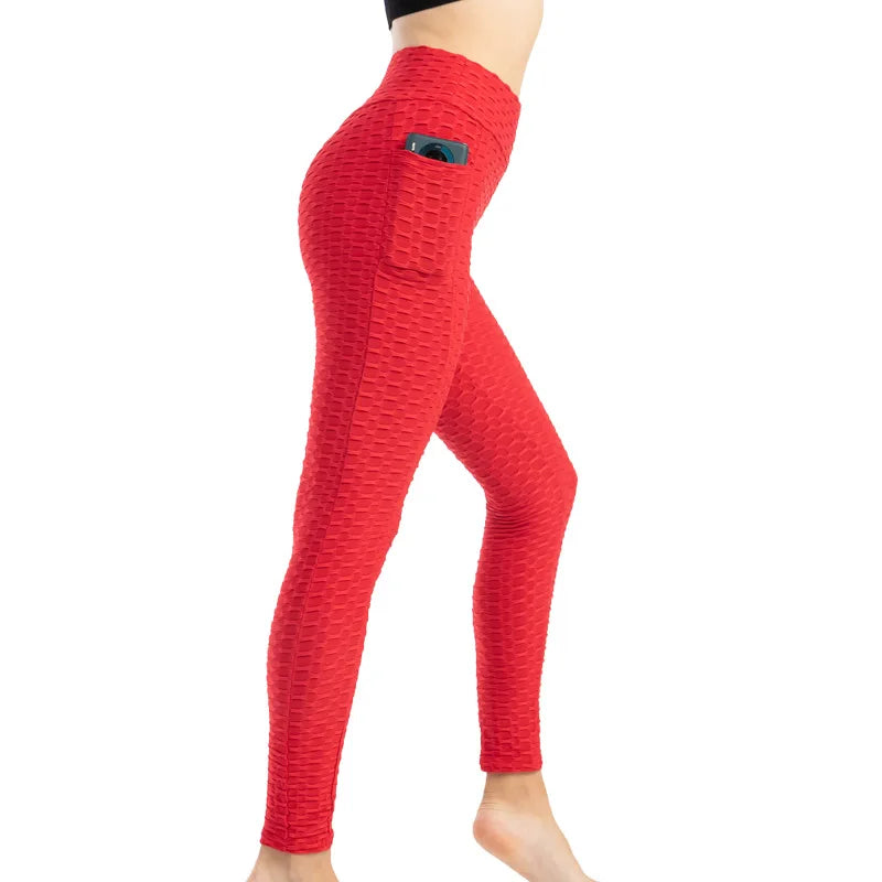 Leggings Women Fashion Pocket Bubble Pants Stretchy Slim Leggings Gym Running Cycling Fitness Pants High Waist Hip Lift Leggings Female