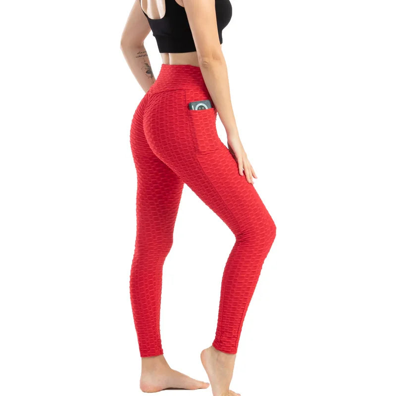 Leggings Women Fashion Pocket Bubble Pants Stretchy Slim Leggings Gym Running Cycling Fitness Pants High Waist Hip Lift Leggings Female