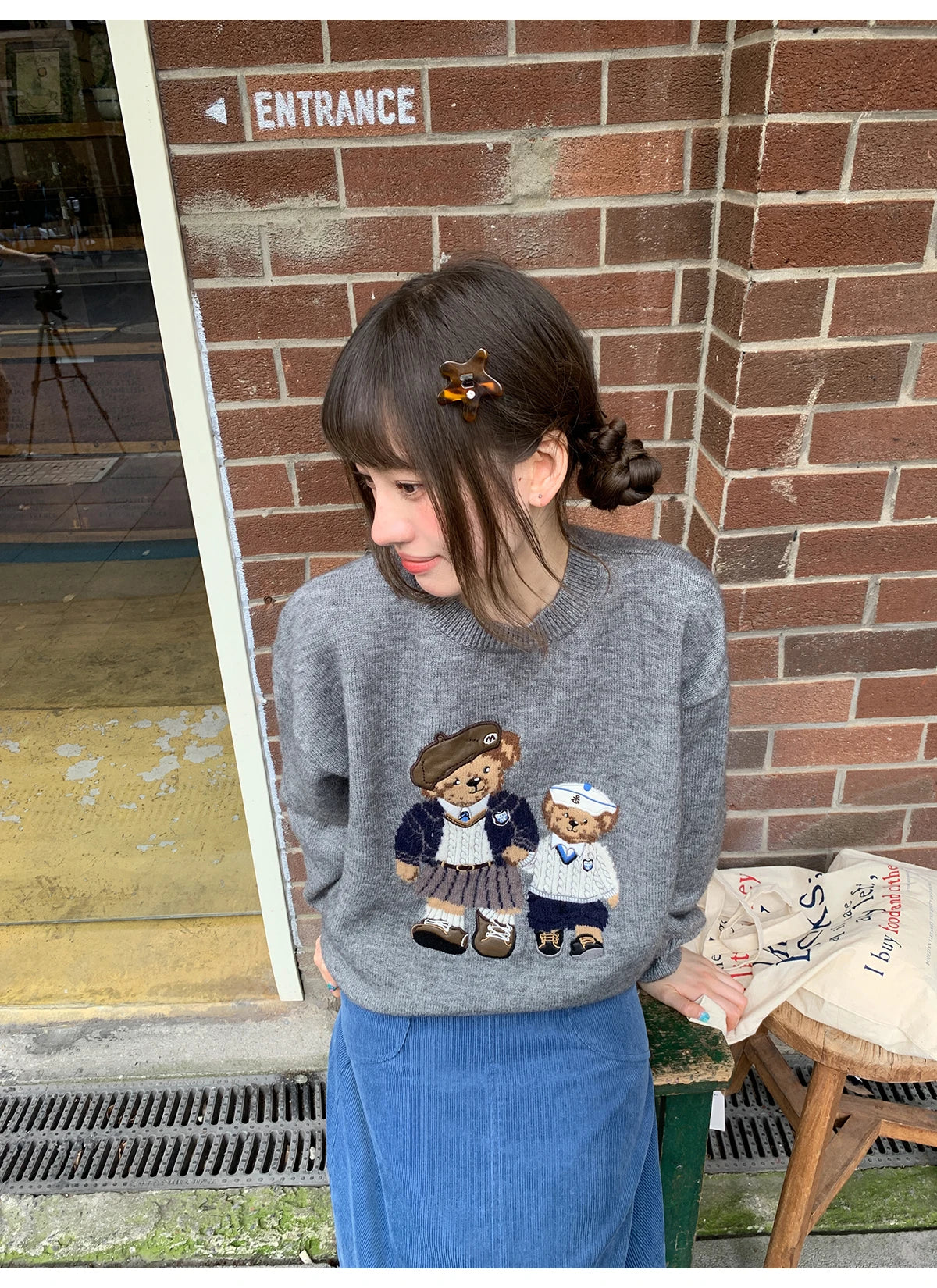 Korean Style Autumn Fashion College Wind Twist Bear Embroidery Knitted Sweater Women's Soft Cozy Overhead Sweater Long Sleeve...