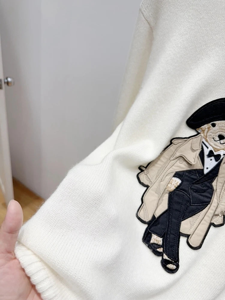 European Style Luxury Brand Loose O-Neck Bear Pullover Tops Knitwear Woman Long Sleeve T-shirt Ladies Wool Knitted Sweater Tops